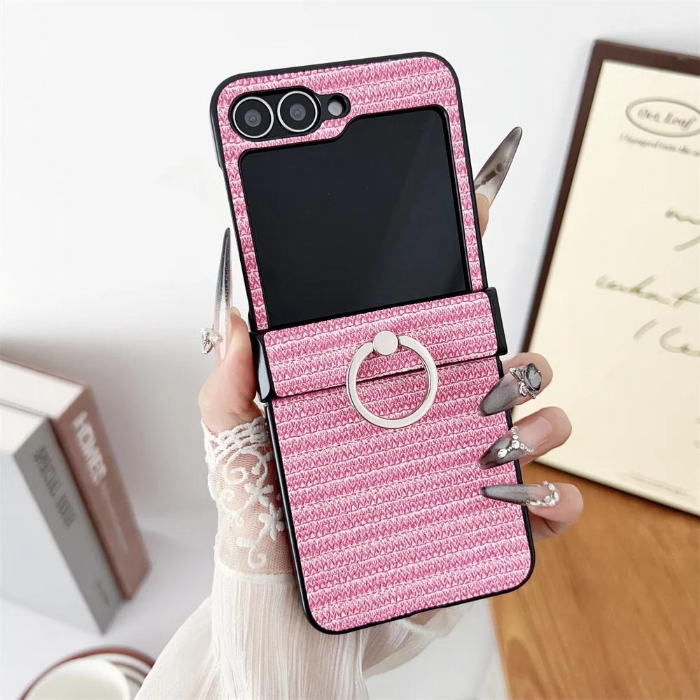 Leather Ring Bracket Hinge Protective Shockproof Phone Case for Samsung Galaxy Z Flip 6 5 4 3 Flip6 Flip5 Flip4 Flip3 5G Cover
