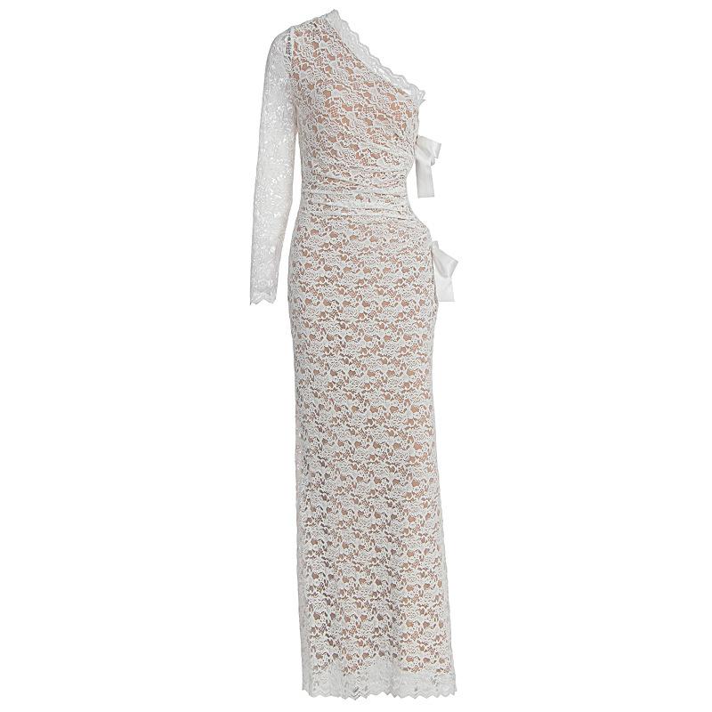 European and American style women's clothing autumn new sexy slanted shoulder hollow one-step skirt lace splicing high-end long skirt