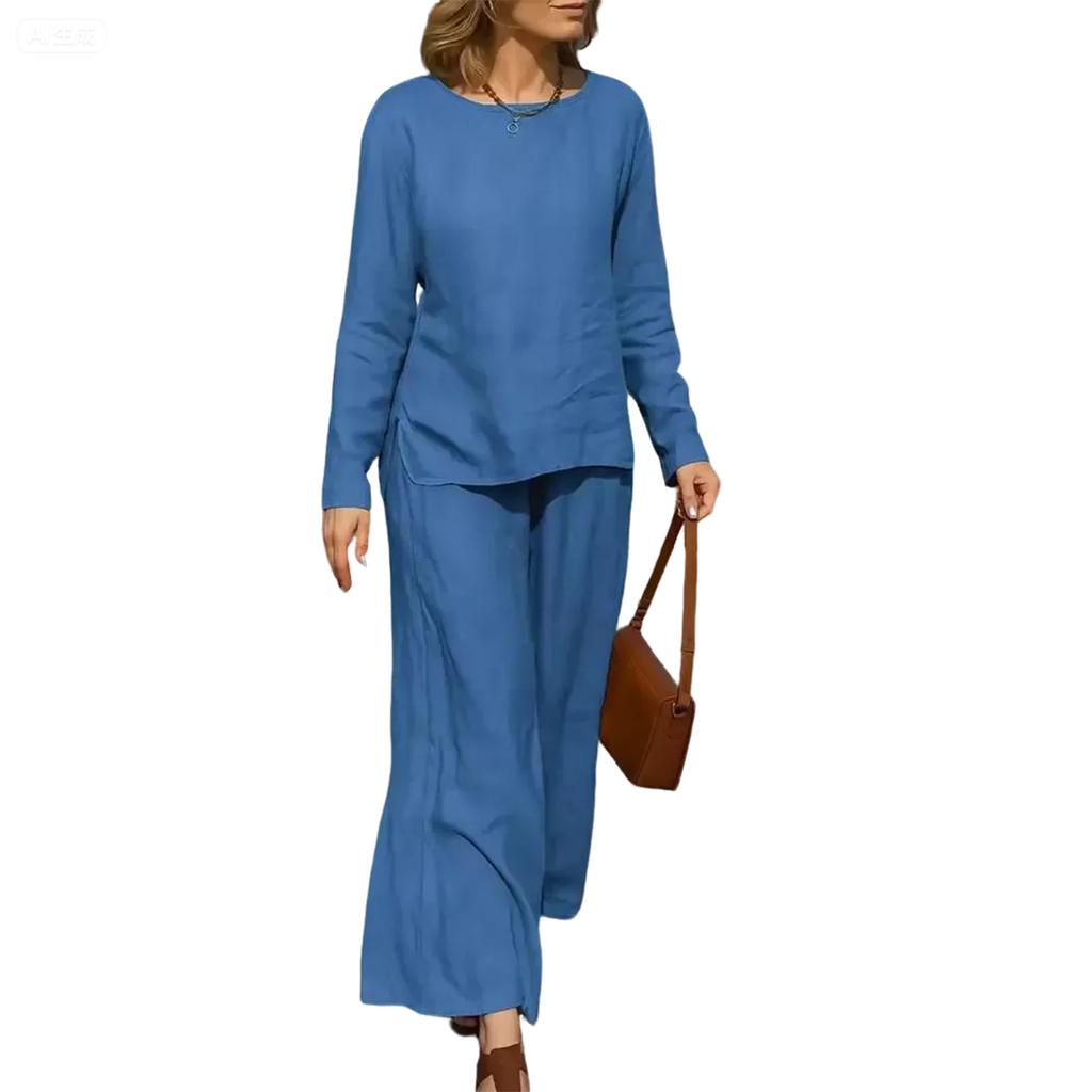 Women's Fashion Solid Color Round Neck Long Sleeve Top with Elastic Waist Casual Pants Set