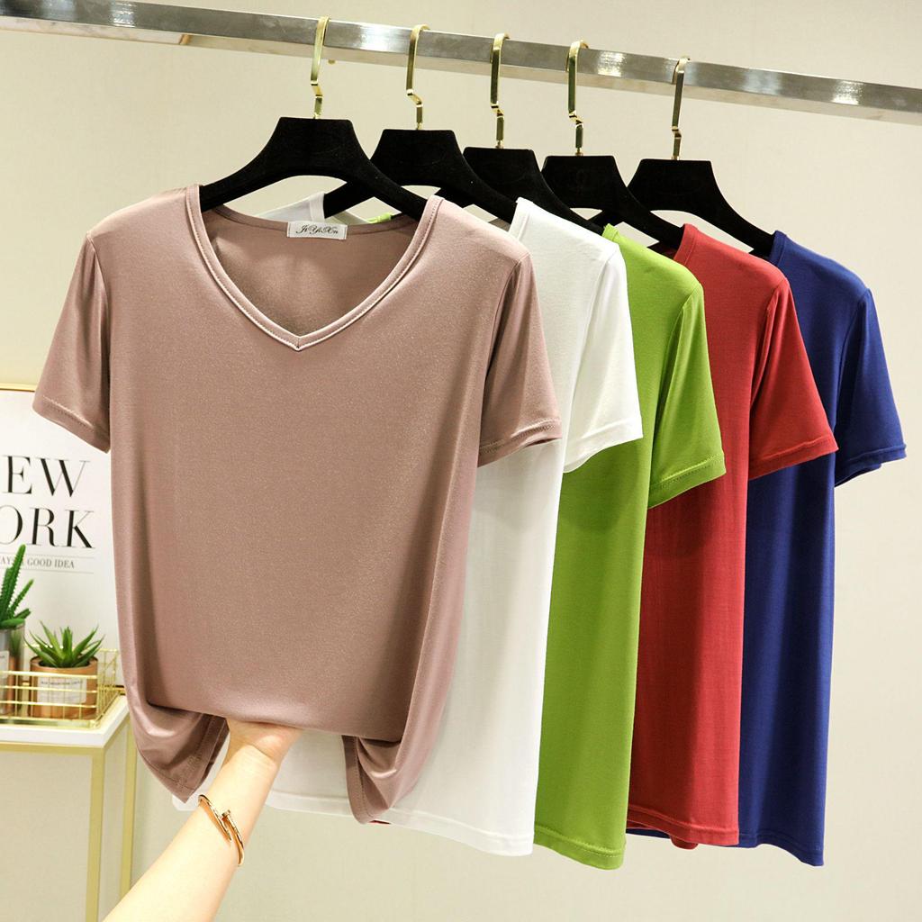 Women's Short-Sleeve Modal V-Neck White Ice Silk Loose T-Shirt