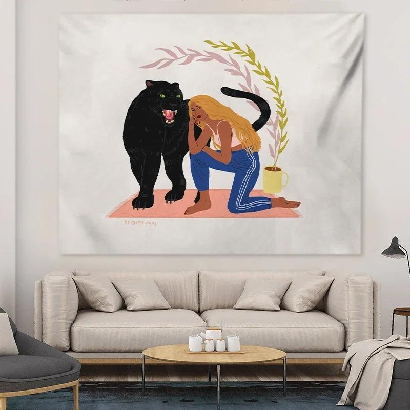 Çizgi Film Kedi Desenli Dekoratif Goblen Ev Duvarı Oturma Odası Ofis Dekoratif Goblen