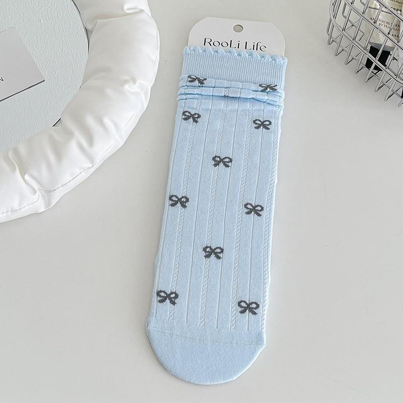 White Socks Pure Cotton Stacking Socks Lace Bow Cute Girl Spring And Autumn Thin Cotton Medium Tube Socks Women
