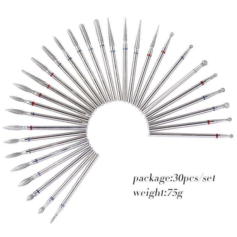 30PCS diamantová fréza na nehty Rotační fréza na otřepy na pilníky na nehty Čistá kutikula vrtáky Přístroje na manikúru Umělecké nástroje