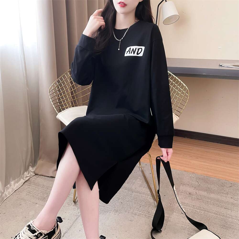 knee-length cotton T-shirt skirt children's casual lazy style long-sleeved dress spring and autumn loose large-size home skirt