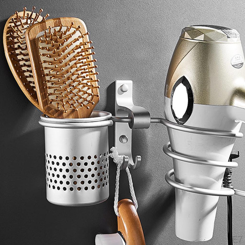 Wall-Mounted Hair Dryer Holder Comb Brush Organizer Cup Rack