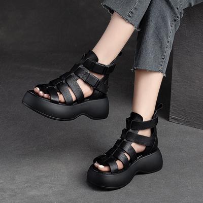 Summer Thick Soled Hollow-out Breathable Sandals Genuine Leather Peep Toe Comfortable Women Platform Shoes