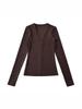 Chic French V-Neck Zipper Long Sleeve Slim Fit T-Shirt for Women, Autumn/Winter High-End Style.