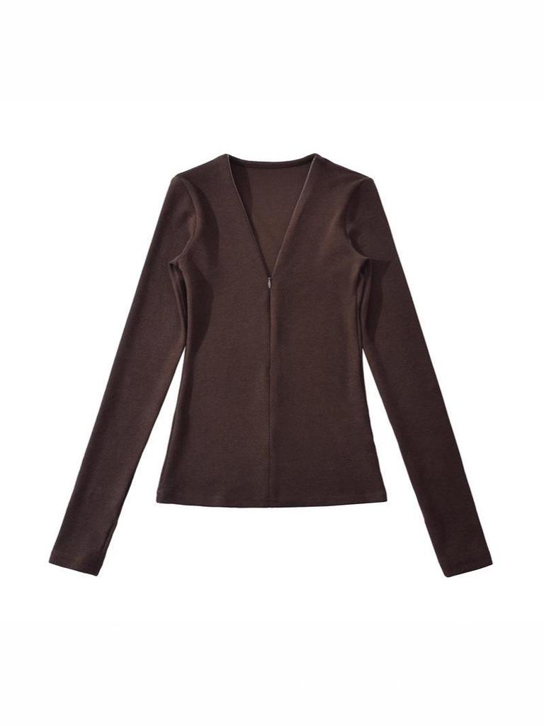 Chic French V-Neck Zipper Long Sleeve Slim Fit T-Shirt for Women, Autumn/Winter High-End Style.