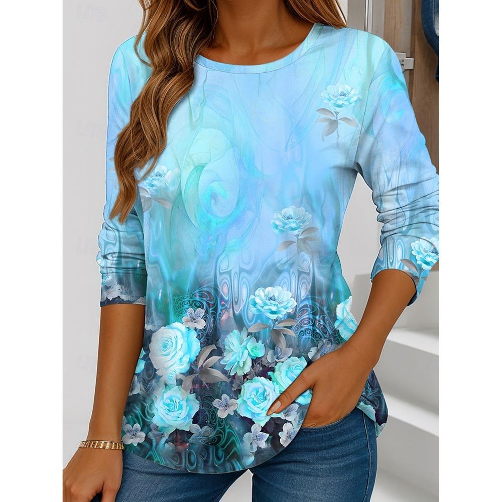 Summer Women's T Shirt Floral Graphic Plants Stylish Casual Long Sleeve T-shirts Round Neck Regular Tops Flower Printed Pullover