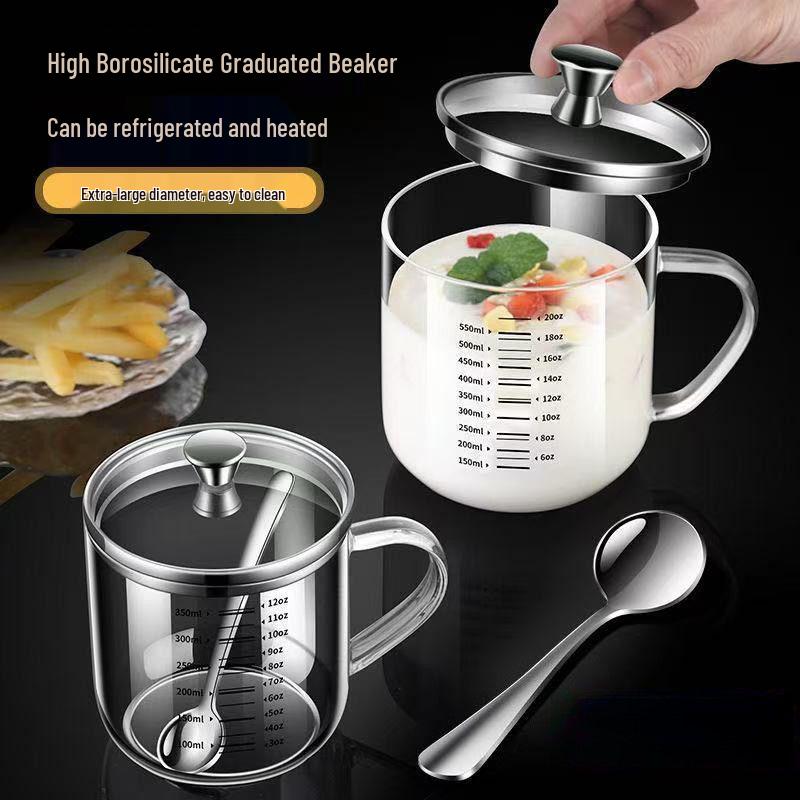 High Borosilicate Glass Cup, Heat-Resistant, Large Diameter, Double Scale, Steel Lid, Milk Cup.