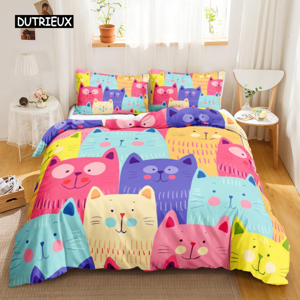 Cat Duvet Cover Set Digital Different Color Cartoon Cute Cat Bedding Set Bedclothes Double Queen King Size Polyester Qulit Cover