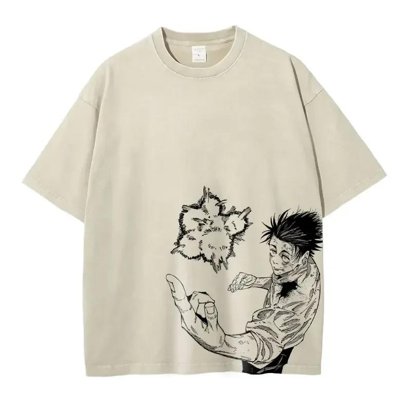 Japanese anime 100% Cotton T-shirt Anime J-Jujutsu K-Kaisen Vintage wash T-shirt Loose plus size short sleeve T-shirt