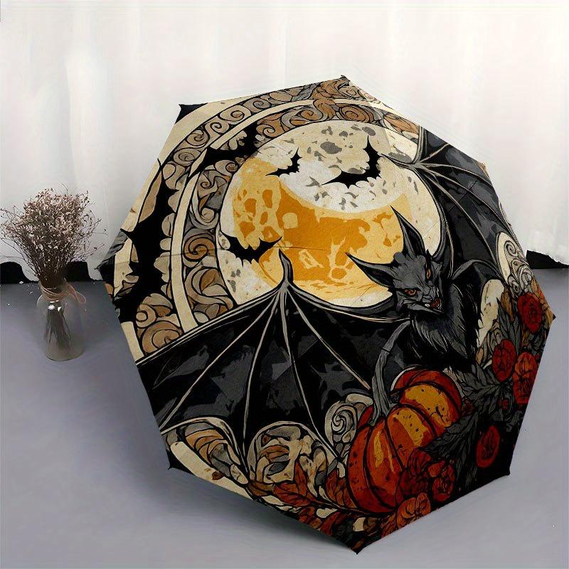 Halloween Moonlit Bat & Pumpkin Decorative StickerUmbrella with Cute Design, Portable 3-Fold Compact Umbrella for Men & Women, Valentine's Day Mother'