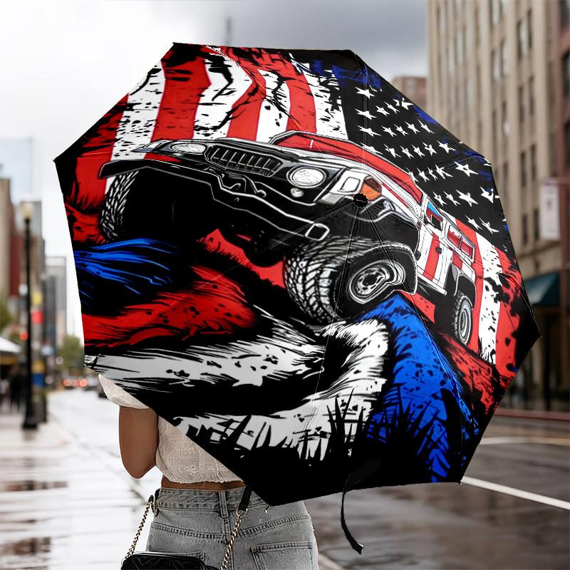 Liberty Statue With American Flag Automatic Folding Umbrella - 8-Rib Travel Umbrella with Auto Portable Case, Ideal Gift for Birthdays
