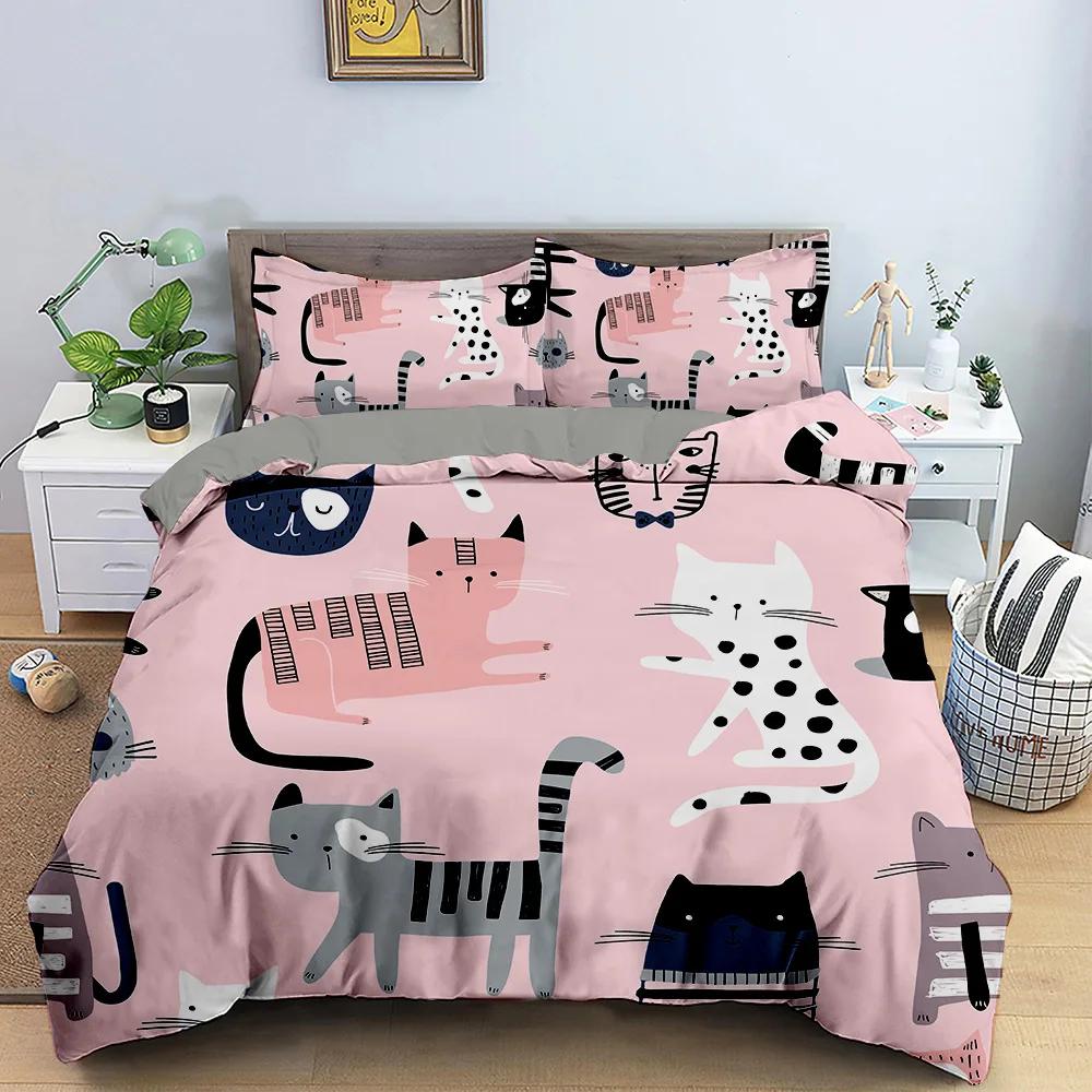 Cartoon Cat Duvet Cover Kawaii Black Kitty For Kids Teens Women Girls Pet Animals Polyester Quilt Cover For Bedroom Decoration