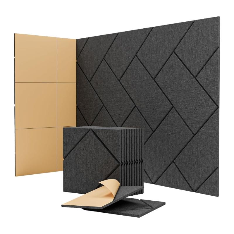 12Pcs Decorative Acoustic Panels Angled Square Peels and Stick Sound Absorbing Panel For Wall Ceiling Enduring
