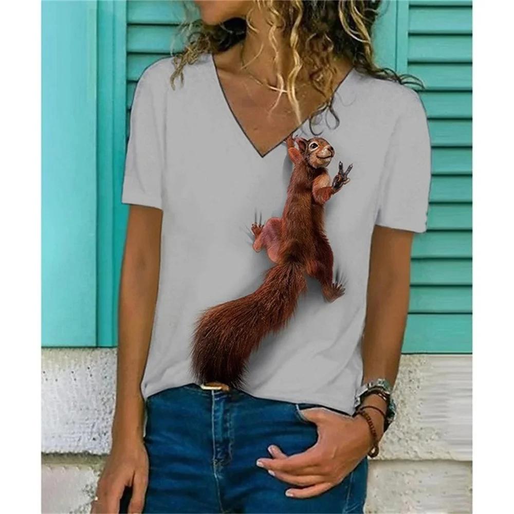 Summer Animal Funny Squirrel 3D Print T-shirts Women Casual Streetwear Short Sleeve V-Neck T Shirt Harajuku Tees Tops Clothing