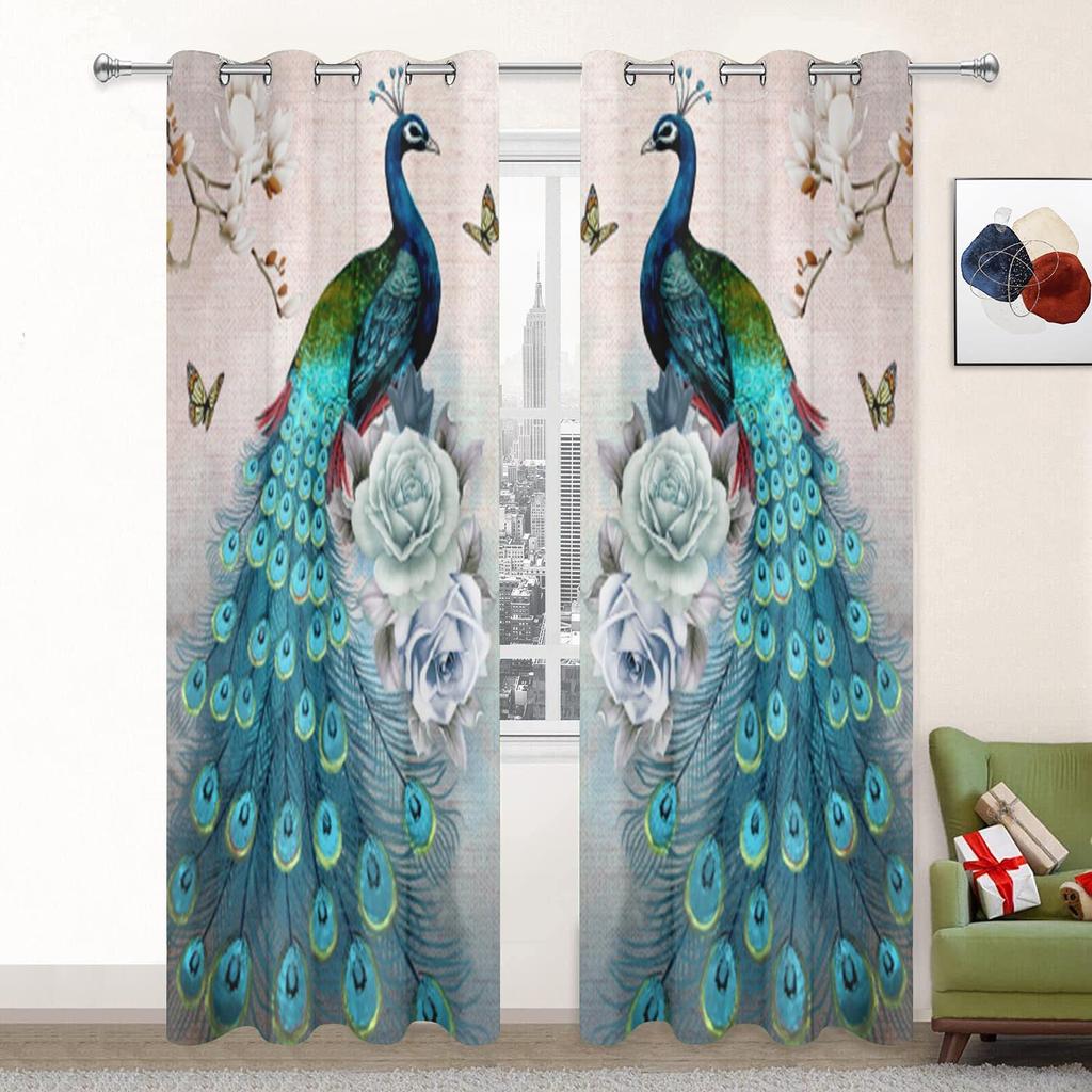 3D Animal Peacock Aesthetic Pattern Sunshade Curtain 2 Pieces of Living Room Bedroom Home Decoration Bed Empty Hook