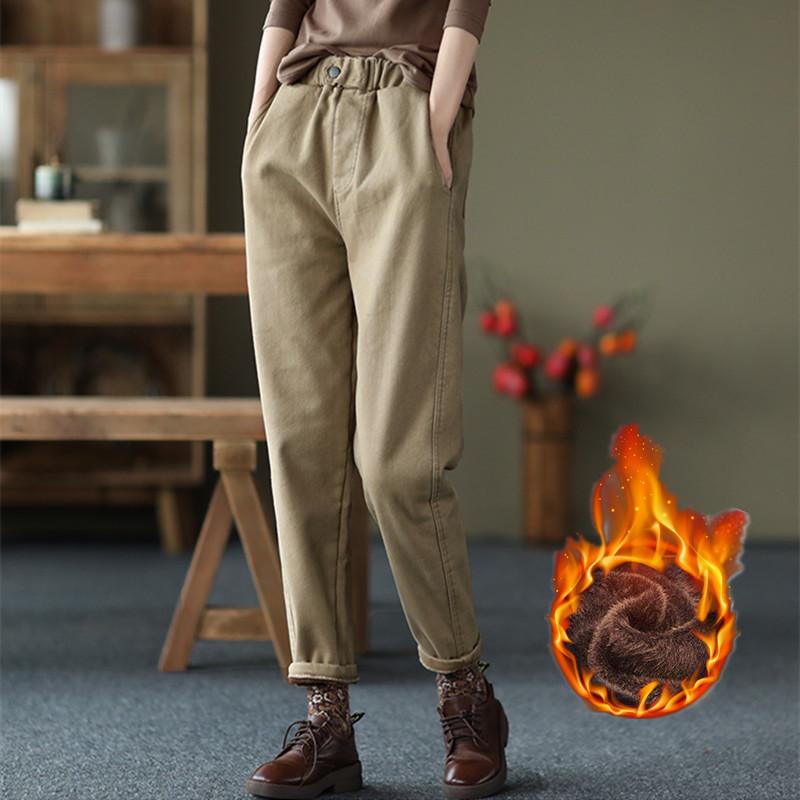 Women's 2025 New Thickened Velvet-Lined Cotton Twill Harem Pants - Stylish Elastic Waist Casual Trousers for Autumn/Winter.