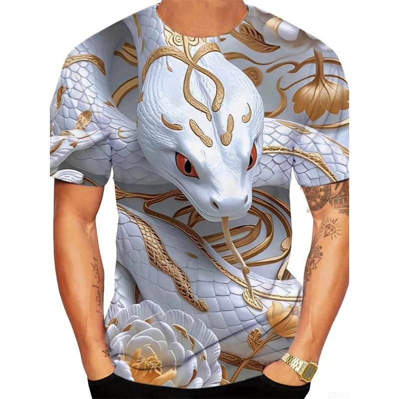 Summer Round Neck 3D Animal Snake Pattern Print Top Fashionable Casual Short Sleeved Men's T-shirts