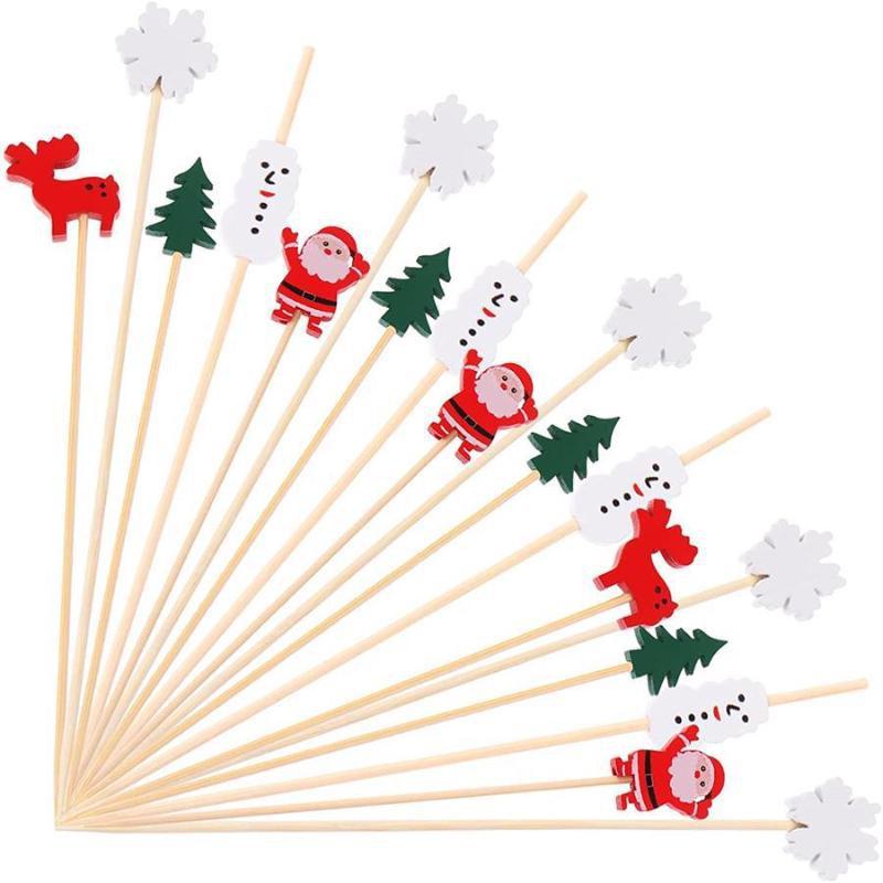 100Pcs Christmas Disposable Bamboo Skewers Food Picks Fruit Fork Christmas Party Cake Dessert Salad Sticks Toothpick Skewer
