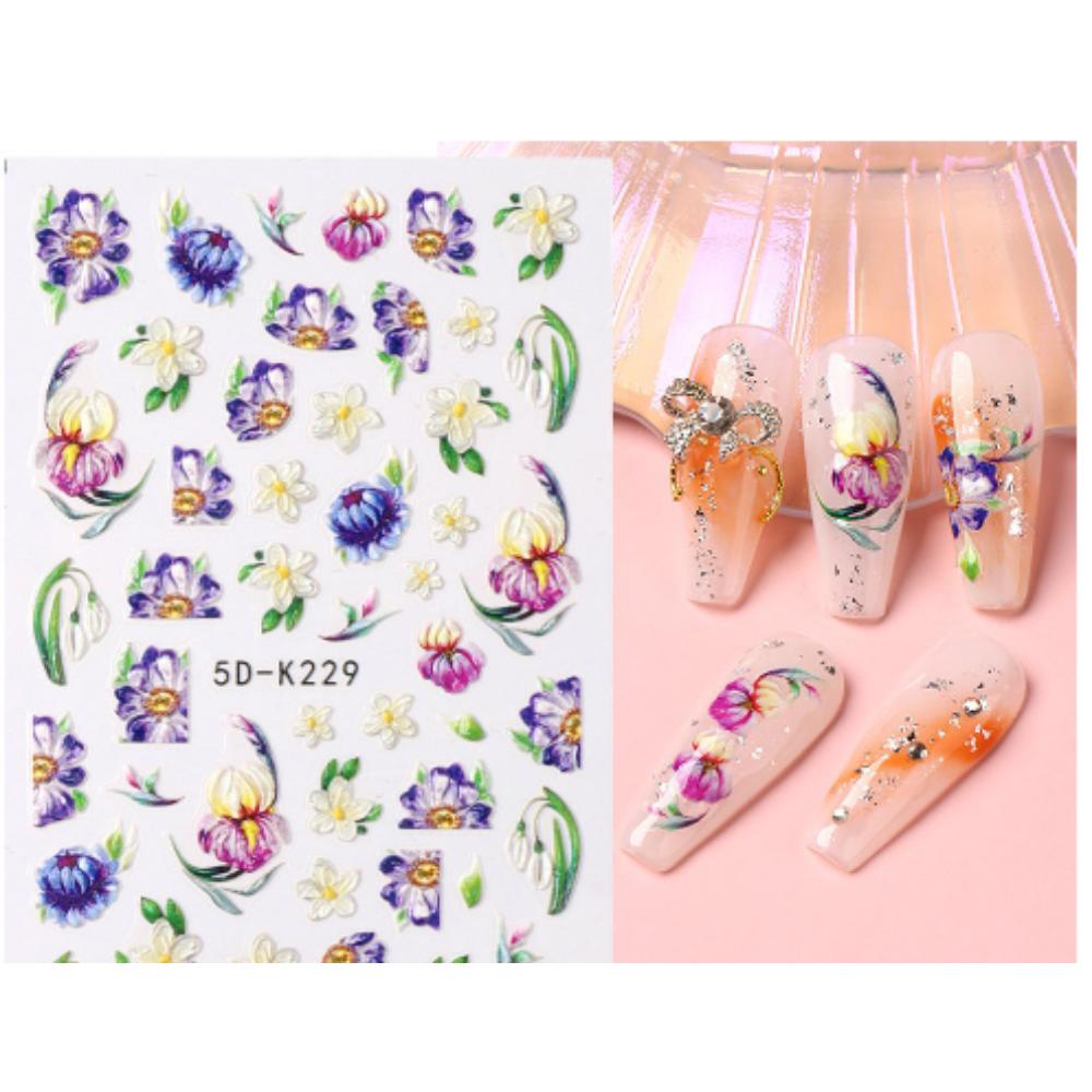 Yellow Mimosa 5D Nail Stickers Embossed Flowers Nails Decals Decor Acrylic Adhesive Sliders Spring Daisy Manicure LA5D-K228