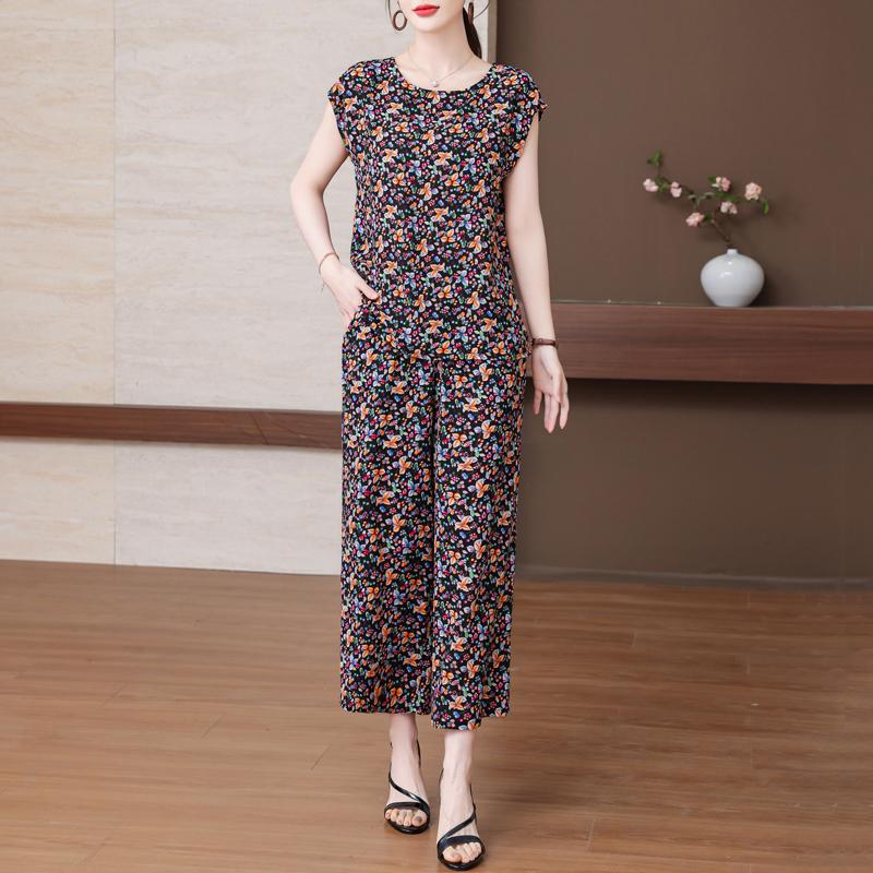 Plus Size Summer Pants Sets for Women Elegant Loose Vintage Print 2 Piece Outifts