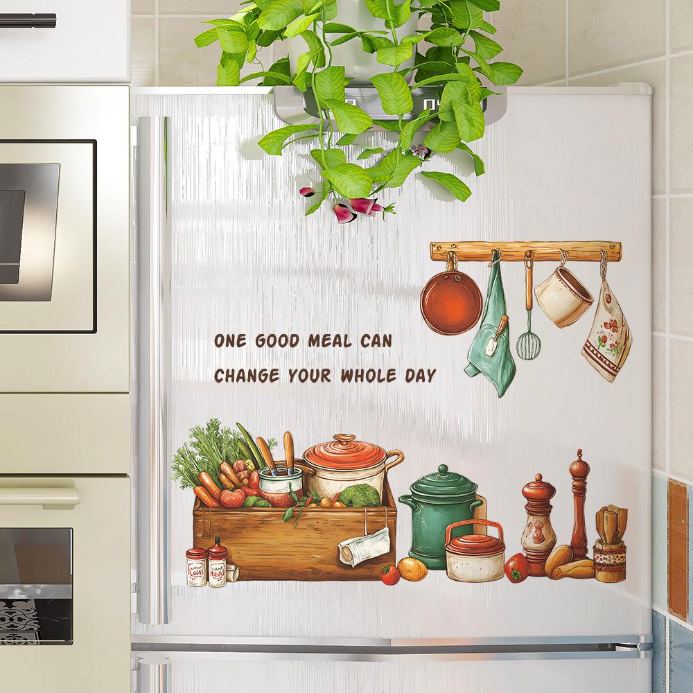 Cartoon Kitchenware, Vegetables and English Phrases, Home Background and Wall Beautification Stickers