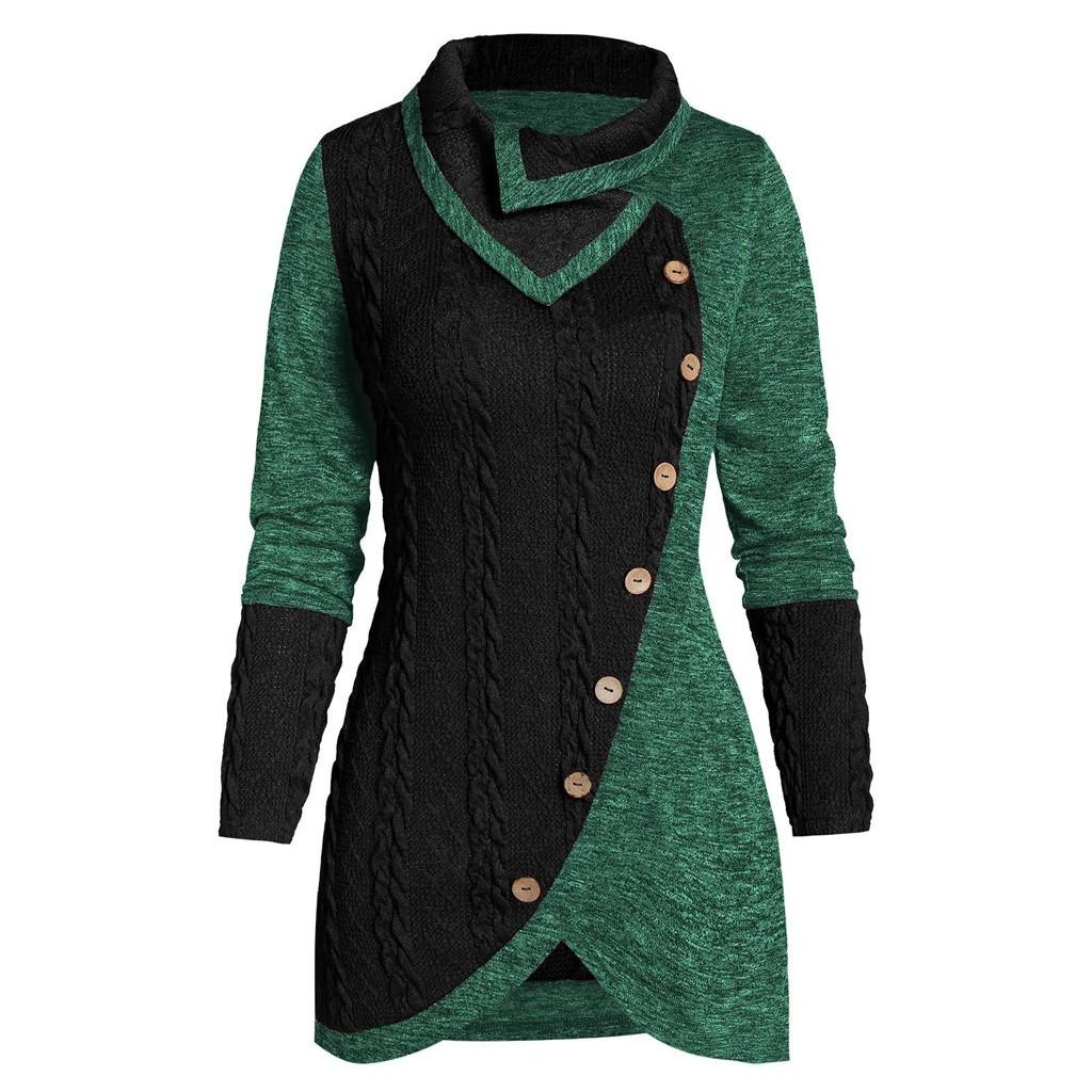 Women O-Neck Long Sleeve Solid Botton Pachwork Asymmetric Tops Sweater