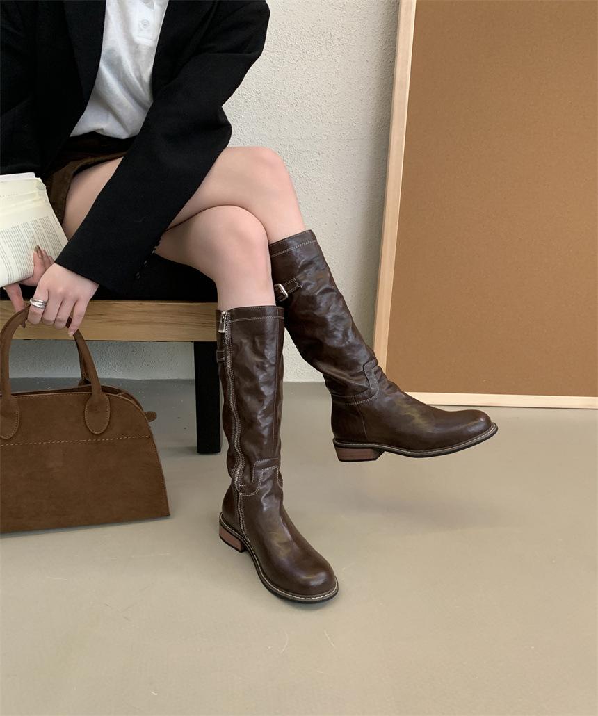 

Huge good-looking~ Internet celebrities popular washed horse leather leather knight boots women s boots Martin boots thick heel high boots 39 темно-коричневого