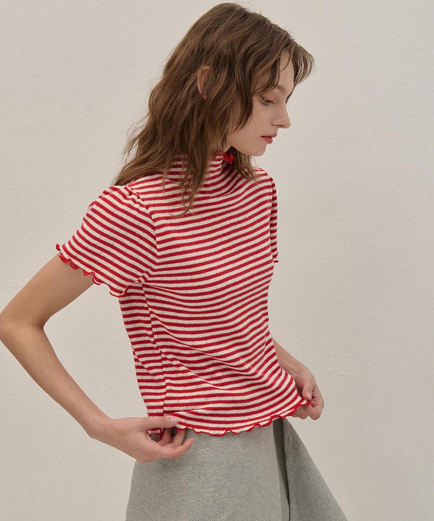 Kamino Striped Half-Neck Shirred Knit Red