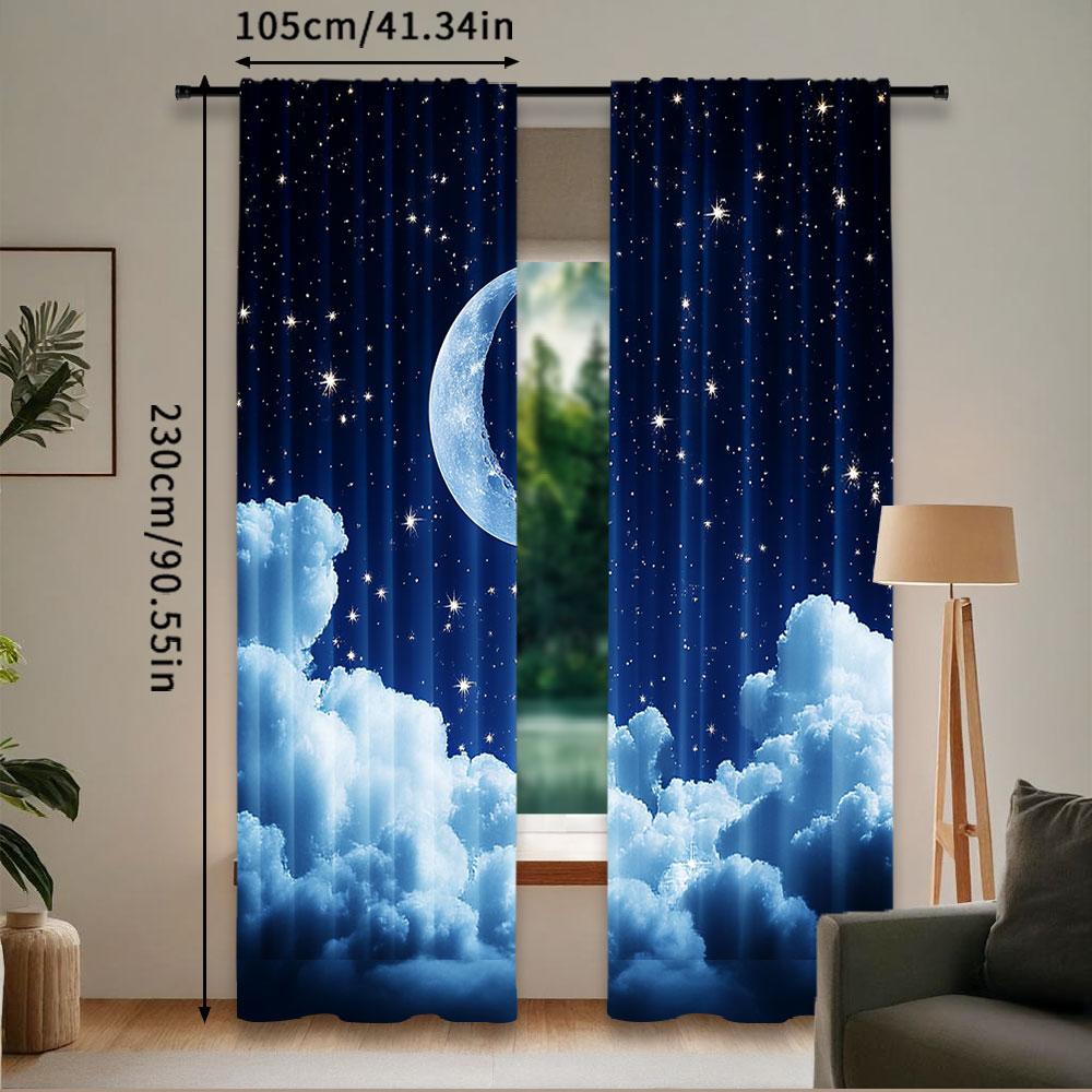 2Pcs Moon Curtains Blue Starry Sky Crescent Cumulus Curtain Suitable For Living Room Bedroom Hotel Dormitory A