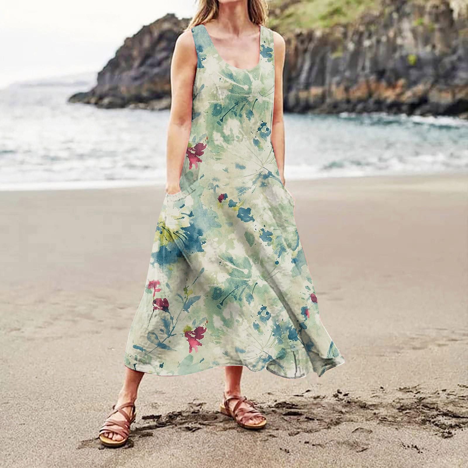 Модное летнее повседневное удобное хлопковое платье без рукавов с цветочным принтом — фото 3