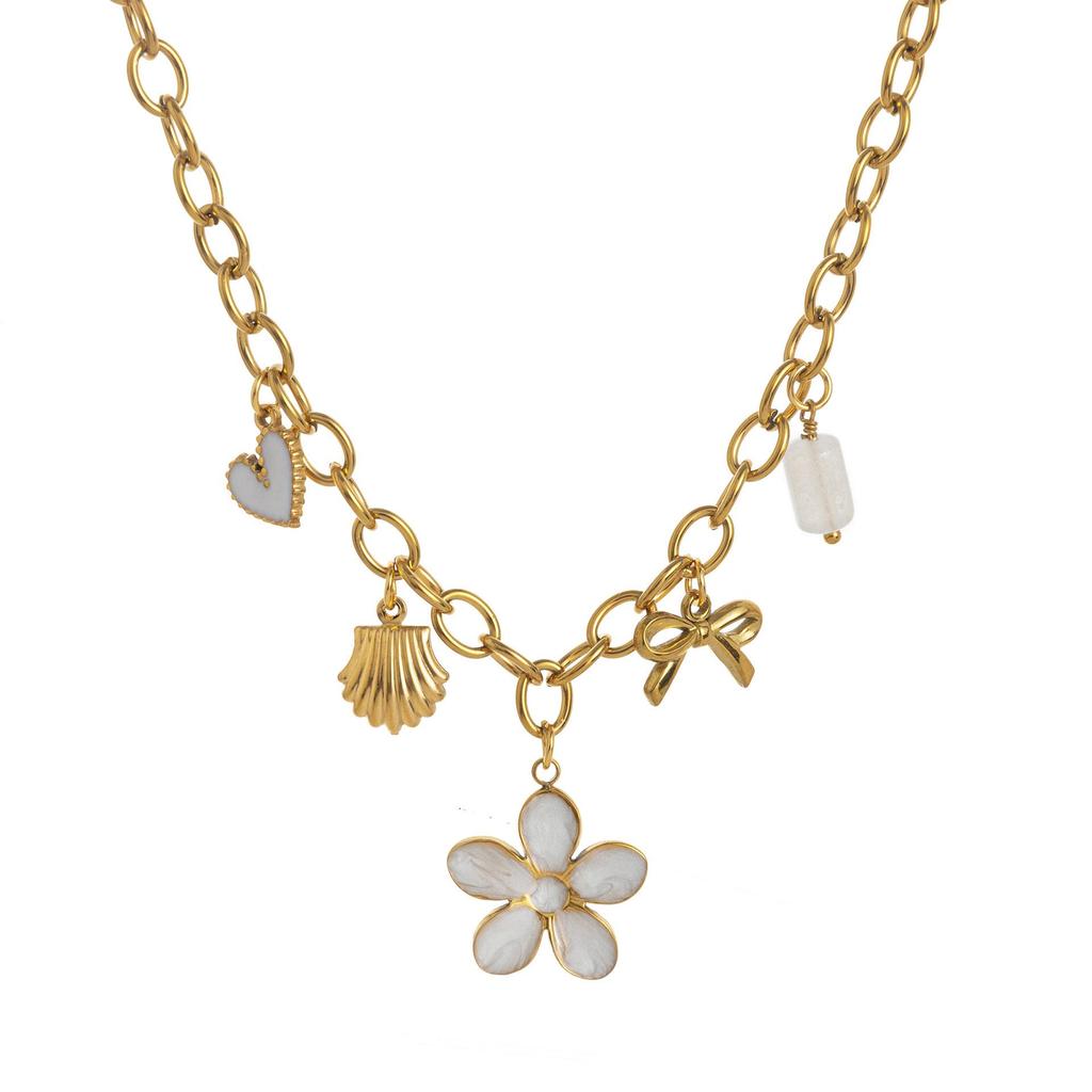Valentine's Day Titanium Stainless Steel Necklace - Flower & Heart Pendant