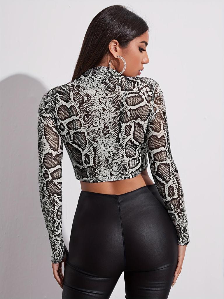 European & American Women's Printed Mesh Long-Sleeve Top - Sexy and See-Through