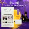 White French Tip Halloween Press on Nails Medium Square Fake Nails with Pumpkin Design Spider Bat False Nail Full Cover Glossy Acrylic Glue on Nail