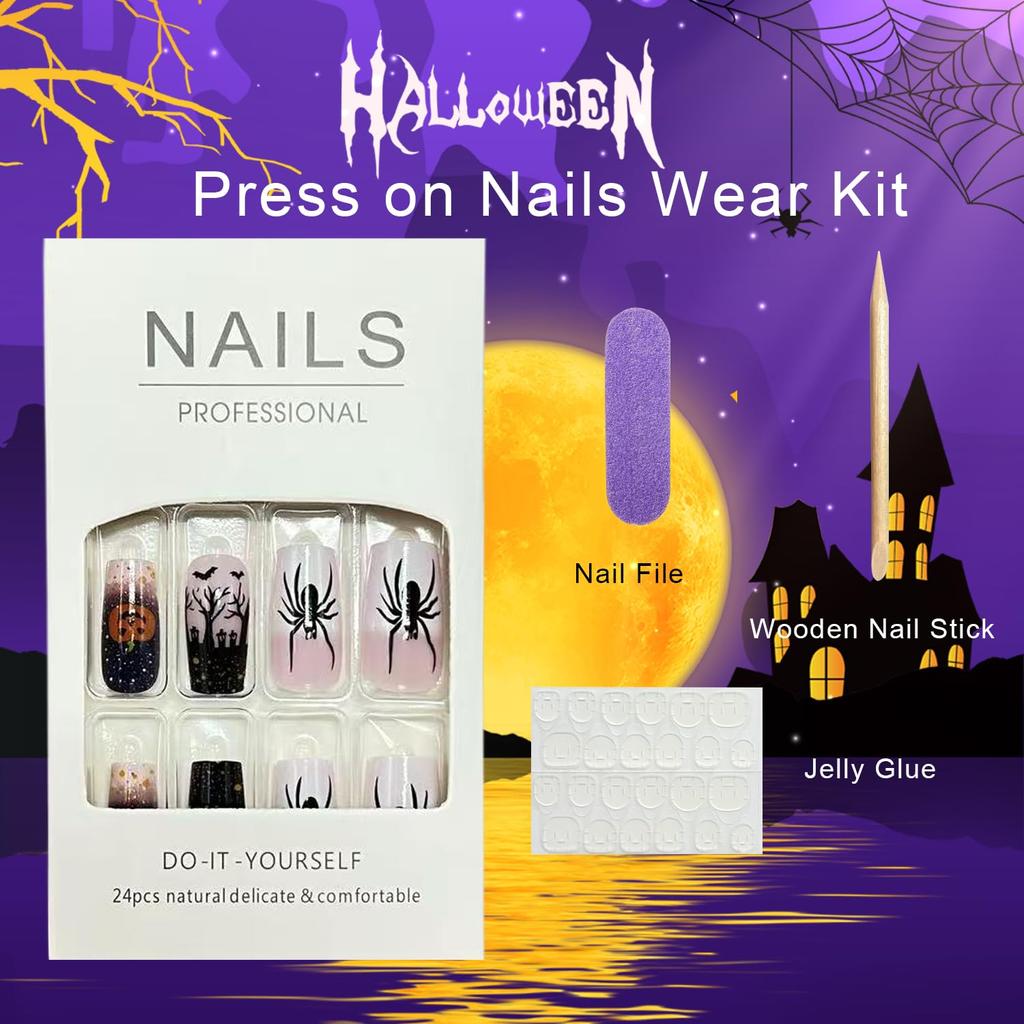 White French Tip Halloween Press on Nails Medium Square Fake Nails with Pumpkin Design Spider Bat False Nail Full Cover Glossy Acrylic Glue on Nail