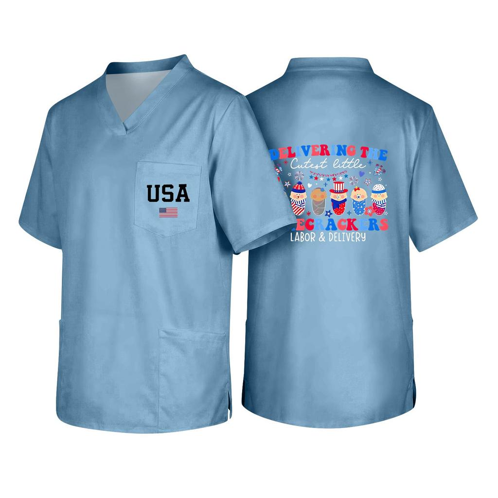 Men's V Neck Work Shirt Short Sleeve Pocket Top with USA Print Suitable for Healthcare and Labor Day Uniforms