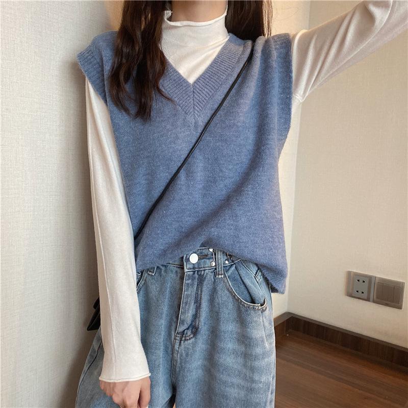 Damen Strick V-Ausschnitt Ärmelloser Pullover Weste - Lockere Passform, Unifarbe für Frühling und Herbst.