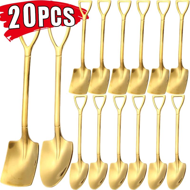 Stainless Steel Shovel Spoon Creative Gold Silver Coffee Spoons Ice Cream Dessert Scoops Teaspoon Kitchen Tableware Cutlery Sets