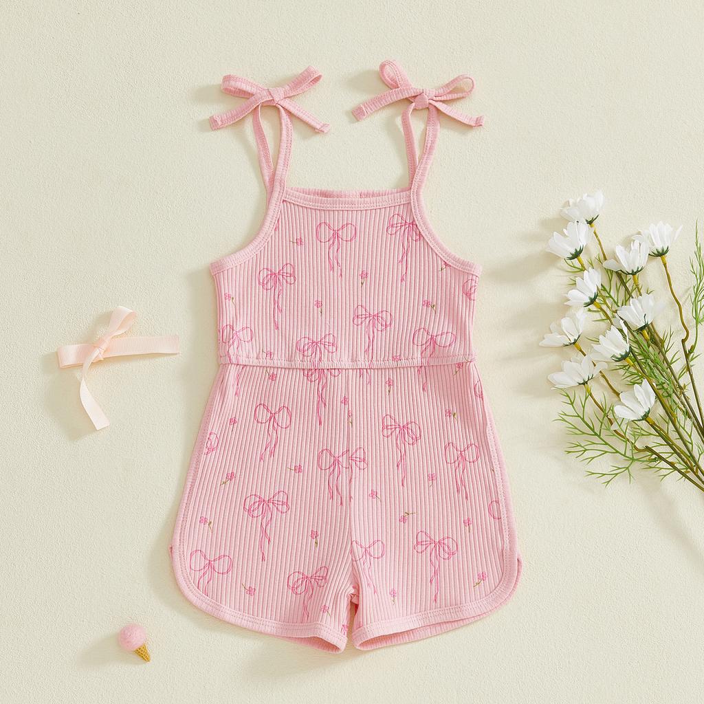 Little Girl Summer Cami Jumpsuit Sleeveless Floral Bow Print Tie Shoulder Shorts Jumpsuits