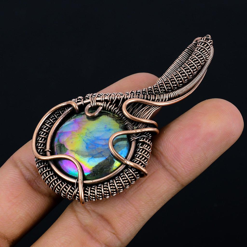 Aura Shell Labradorite Pendant Gemstone Handmade Jewelry, 999 Copper Wire Wrapped Pendant, Gift For Wife Jewelry
