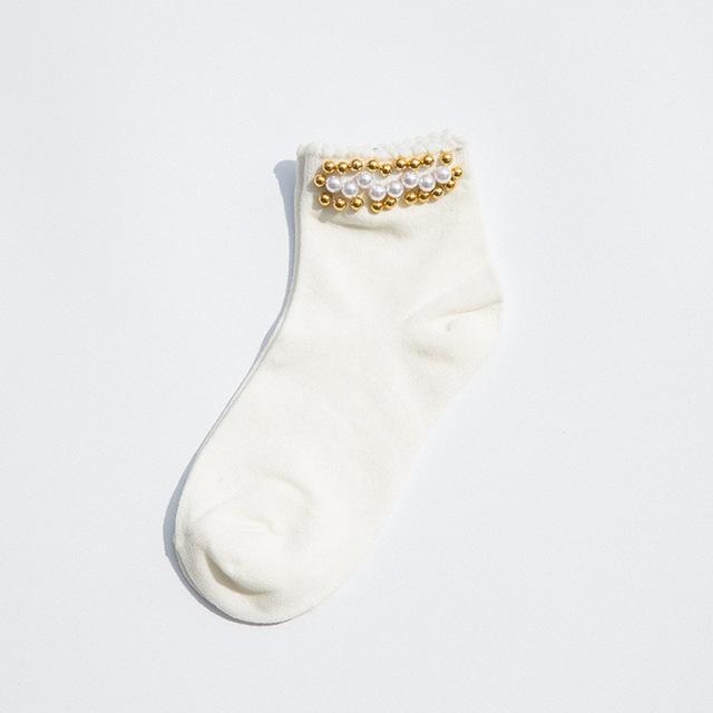 Black/White Korean Reto Pearl Socks Women Elastic Cotton Handmade Meias Creative Socks Harajuku Calcetines Mujer