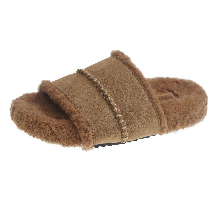 [Youshilai] 2025 Autumn and Winter New Flat-bottomed Non-slip Fluffy Slippers for Women To Wear Warm and Fashionable Versatile Slippers