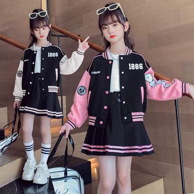 Baseball Suit Girl Suit Fashion Spring Autumn Clothes Preppy JK Pleated Skirt 2 Piece Jacket+skirt