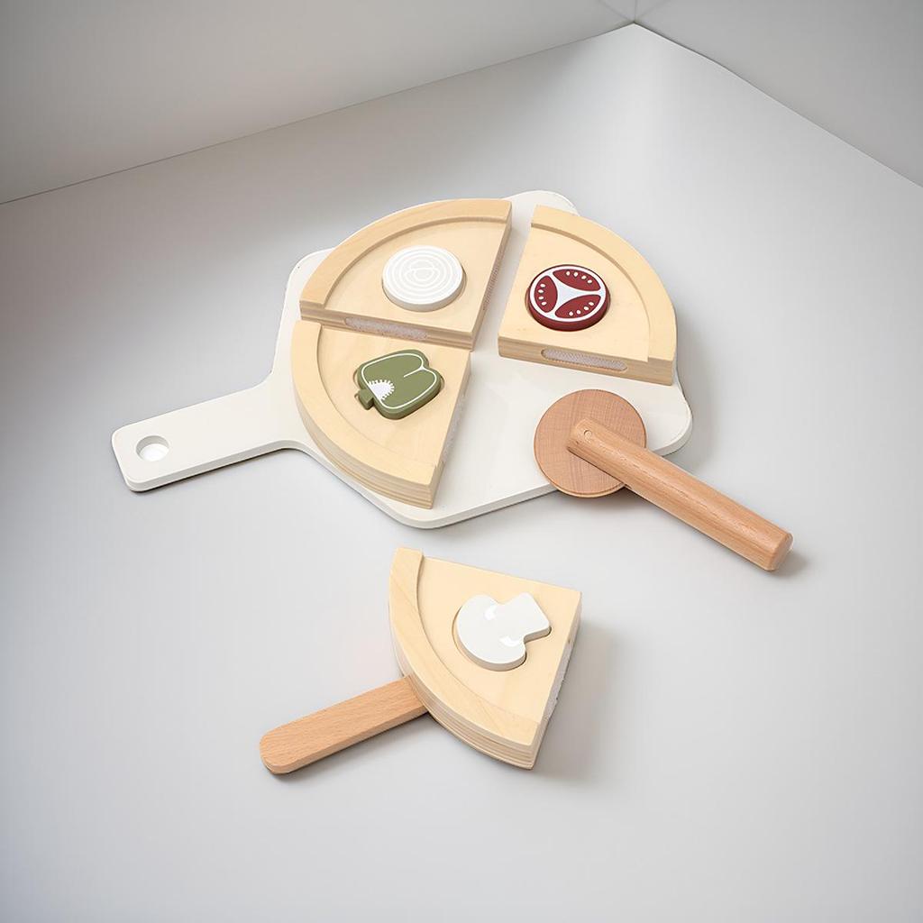 Wooden Pizza Puzzle & Pretend Play Set for Kids - Interactive Hands-on Kitchen Toy.