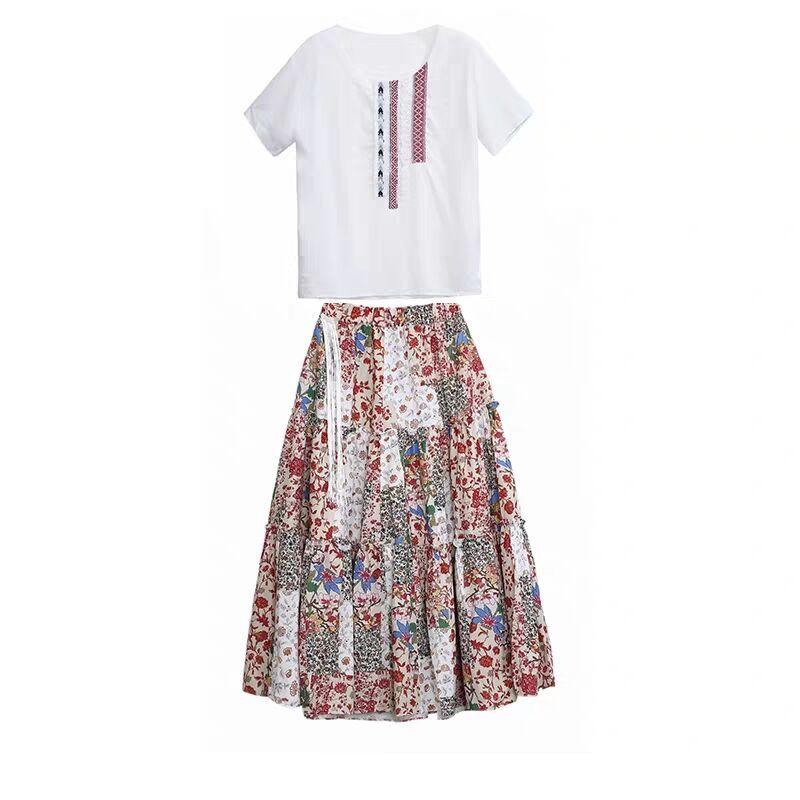 Skirt Suit Female Summer Suit Skirt Two-piece Round Neck Short-sleeved Shirt + A-line Skirt Sweet and Lovely Elegant Temperament