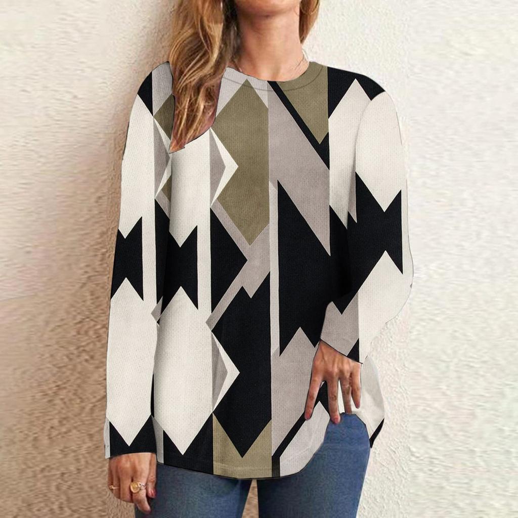 Casual Color Block Long Sleeve Tops For Women Fall Geometric Graphic Crewneck Loose T Shirts Slouchy Tunic Blouses