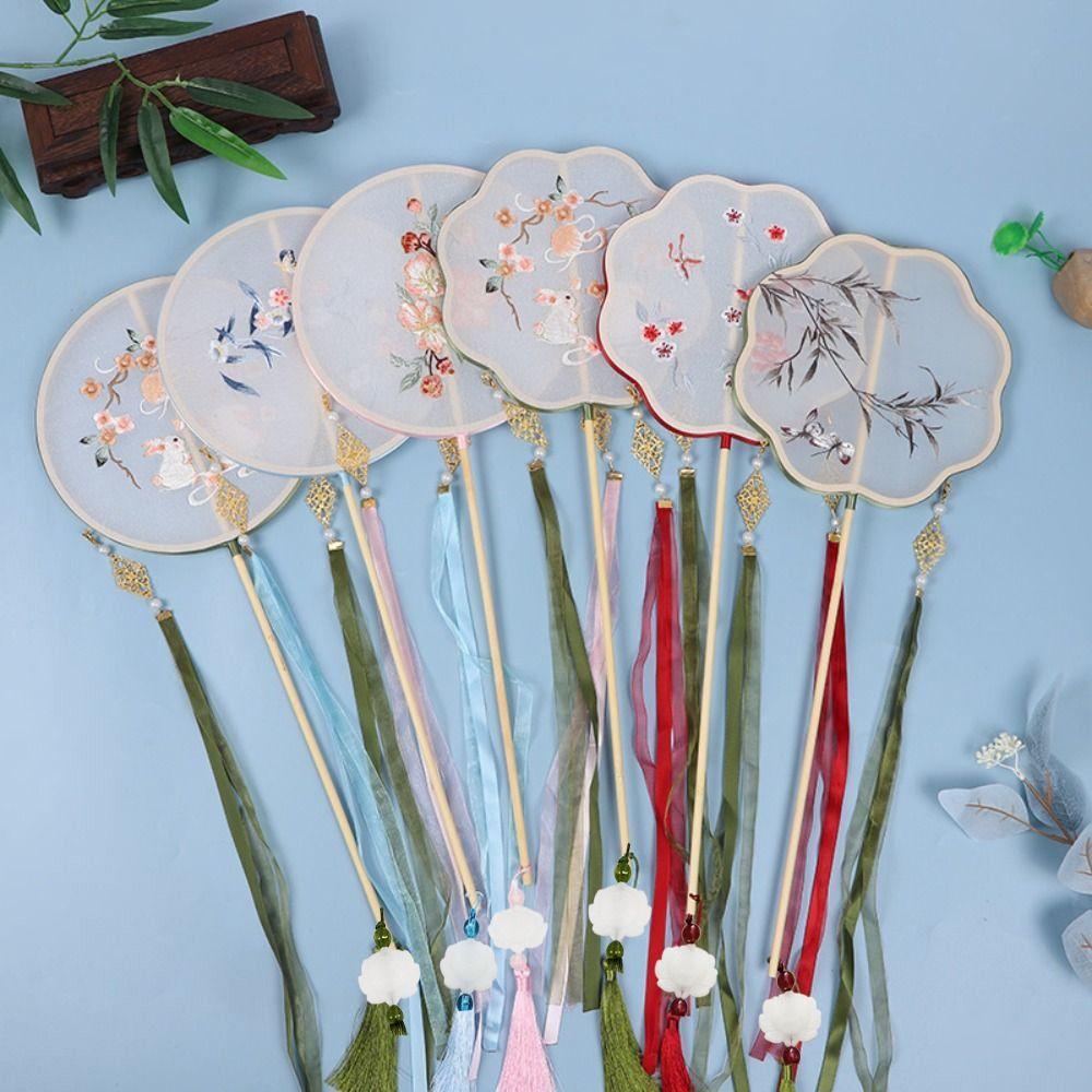 Embroidered Chinese Style Round Fan Classical Hanfu Hand Fan Long Handle Silk Fan  Female Costume