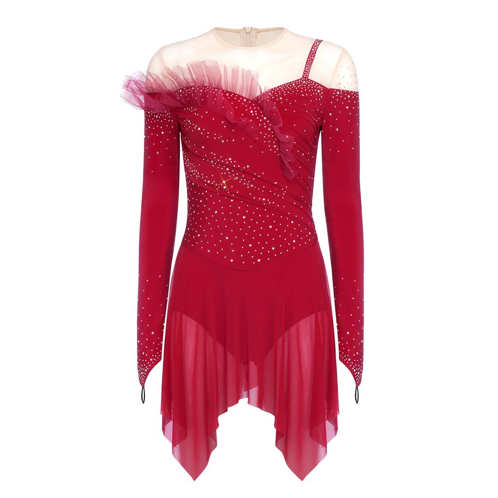 Womens Long Sleeve Bodysuit Dress Rhinestones Sheer Mesh Hem Buttoned Crotch Latin Dance Wear
